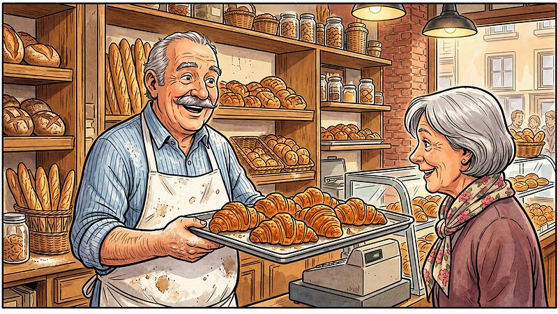 The friendly Parisian baker holding a tray of golden croissants