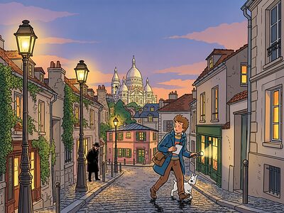 Comic cover: a lamplit Montmartre street at dusk